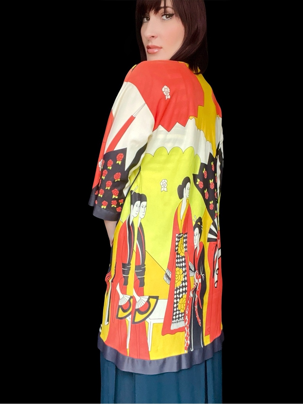 Vintage 1960's Japanese Geisha Novelty Print Pop Art Geometric Kimono Jacket - Picture 7 of 12